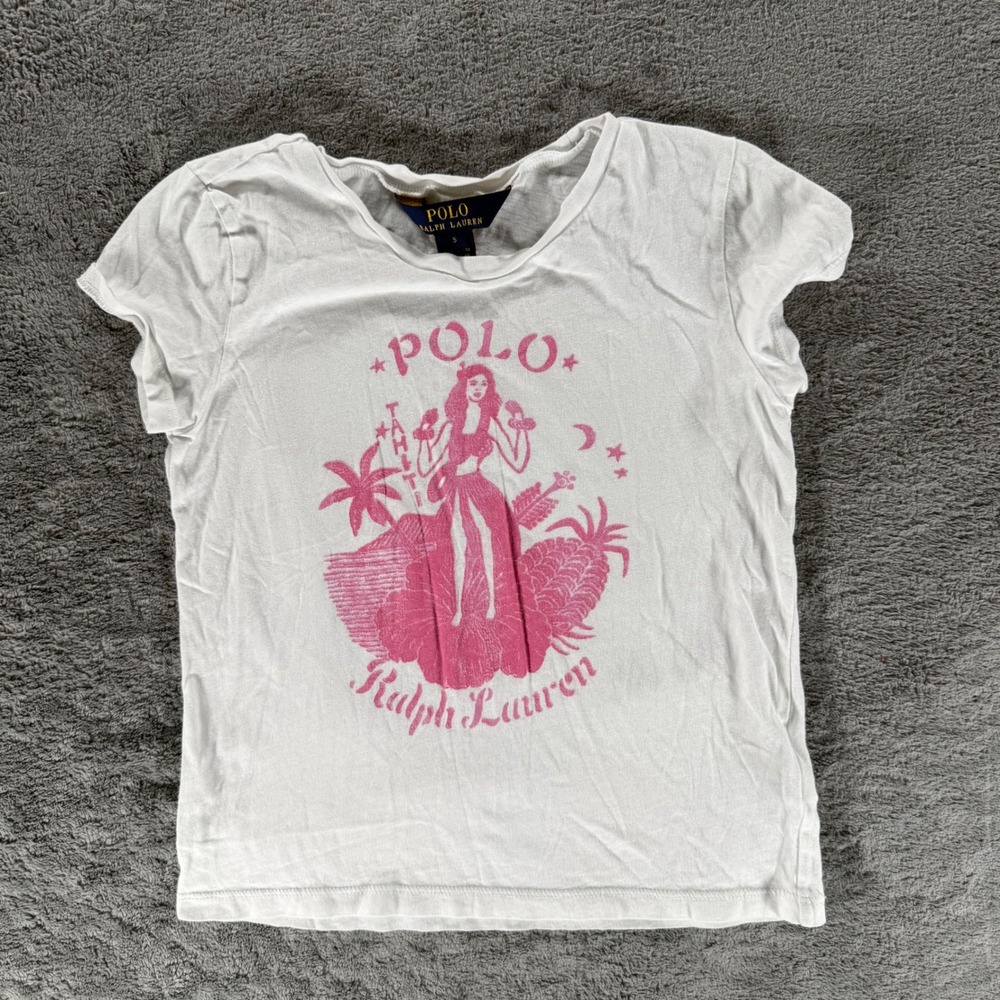 Polo Ralph Lauren Graphic Tee Kids Size 5 White Pink Tahiti Hula Girl Print